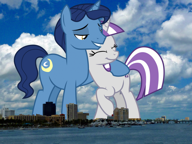 Size: 2048x1536 | Tagged: safe, artist:cloudyglow, artist:thegiantponyfan, derpibooru import, night light, twilight velvet, pony, unicorn, eyes closed, female, florida, giant pony, giant unicorn, giantess, highrise ponies, image, irl, jpeg, lidded eyes, macro, male, mare, mega giant, nightvelvet, photo, ponies in real life, raised hoof, shipping, stallion, story included, straight, west palm beach