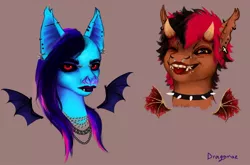 Size: 1338x881 | Tagged: safe, artist:dragonae, derpibooru import, oc, bat pony, demon, demon pony, original species, bat ears, bat wings, black sclera, bust, devil horns, fangs, horns, image, jpeg, piercing, ponysona, red eyes, two toned mane, wings