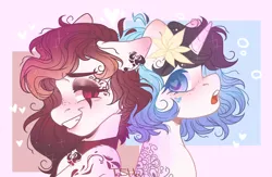 Size: 3033x1978 | Tagged: safe, artist:tohanah, derpibooru import, oc, unofficial characters only, pony, unicorn, abstract background, duo, flower, flower in hair, grin, heart, heart eyes, horn, image, jpeg, smiling, tattoo, unicorn oc, wingding eyes