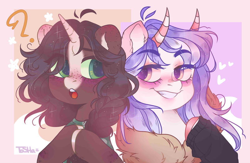 Size: 3033x1978 | Tagged: safe, artist:tohanah, derpibooru import, oc, unofficial characters only, pony, unicorn, bust, chest fluff, duo, female, grin, horn, horns, image, jpeg, mare, smiling, unicorn oc