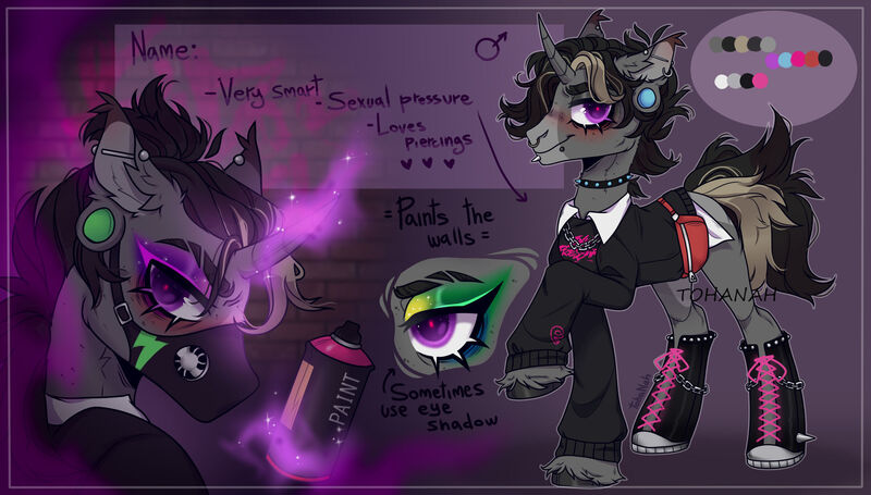 Size: 1920x1092 | Tagged: safe, artist:tohanah, derpibooru import, oc, unofficial characters only, pony, bust, choker, clothes, ear fluff, ear piercing, face mask, glow, glowing horn, horn, image, jpeg, magic, male, mask, piercing, raised hoof, reference sheet, smiling, spiked choker, stallion, telekinesis