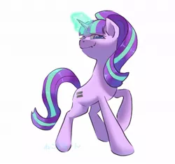 Size: 1200x1125 | Tagged: safe, artist:yukkuri_yu_yu, derpibooru import, starlight glimmer, pony, unicorn, equal cutie mark, female, glow, glowing horn, horn, image, jpeg, looking at you, magic, magic aura, mare, raised hoof, s5 starlight, simple background, solo, white background