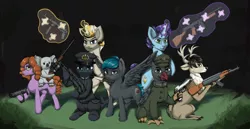 Size: 2101x1080 | Tagged: safe, artist:monx94, derpibooru import, oc, oc:harmonious justice, oc:katherine, deer, earth pony, gryphon, koala, original species, pegasus, pony, shark, shark pony, unicorn, full body, group, gun, image, military, png, weapon