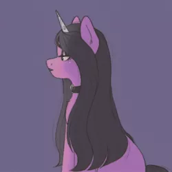 Size: 2048x2048 | Tagged: safe, artist:cloudydr0p, artist:latiatonta, derpibooru import, izzy moonbow, pony, unicorn, choker, eyeshadow, female, g5, goth, goth izzy, horn, image, jpeg, lidded eyes, lipstick, makeup, mare, simple background, sitting, solo