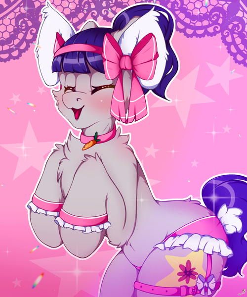 Size: 1500x1800 | Tagged: suggestive, artist:chura chu, derpibooru import, oc, oc:fruity blossom, unofficial characters only, pony, blushing, bow, bunny ears, carrot, closed eye, clothes, commission, coral, female, food, full body, image, mare, outfit, panties, png, ponytail, sexy outfit, shading, smiling, solo, solo female, underwear, ych result