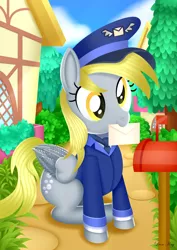 Size: 2480x3508 | Tagged: safe, artist:leonkay, derpibooru import, derpy hooves, pegasus, pony, bush, house, image, letter, mailbox, mailmare uniform, mouth hold, png, ponyville, solo, tree