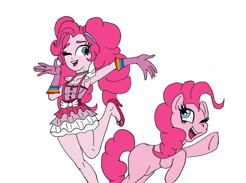 Size: 1080x806 | Tagged: safe, artist:crosslineanimator, derpibooru import, pinkie pie, earth pony, pony, equestria girls, duality, geiru toneido, human ponidox, image, jpeg, looking at each other, looking at someone, one eye closed, open mouth, open smile, self paradox, self ponidox, smiling, wink