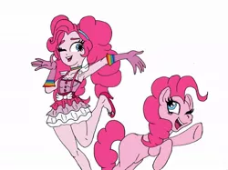 Size: 1080x806 | Tagged: safe, artist:crosslineanimator, derpibooru import, pinkie pie, earth pony, pony, equestria girls, duality, geiru toneido, human ponidox, image, jpeg, looking at each other, looking at someone, one eye closed, open mouth, open smile, self paradox, self ponidox, smiling, wink
