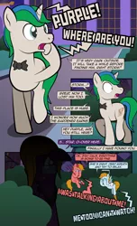 Size: 1920x3168 | Tagged: safe, artist:alexdti, derpibooru import, oc, oc:aqua lux, oc:purple creativity, oc:star logic, oc:warm focus, unofficial characters only, pegasus, pony, unicorn, comic:quest for friendship, bandage, bowtie, comic, dialogue, female, floppy ears, glasses, hair over one eye, high res, hooves, hooves on face, horn, image, jpeg, looking back, male, mare, misspelling, open mouth, outdoors, pegasus oc, raised hoof, raised leg, shoulder angel, shoulder devil, shrunken pupils, speech bubble, stallion, tail, two toned mane, two toned tail, unicorn oc, walking, wings, yelling