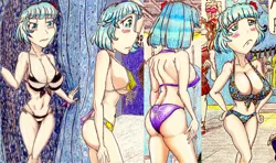 Size: 2282x1353 | Tagged: suggestive, artist:meiyeezhu, derpibooru import, coco pommel, human, big breasts, bikini, bikini top, boutique, breasts, busty coco pommel, changing, clothes, clothes hanger, comic, cropped, curtains, flower, humanized, image, manehattan, nipples, nudity, png, poster, purple bikini, striped swimsuit, summer, swimsuit