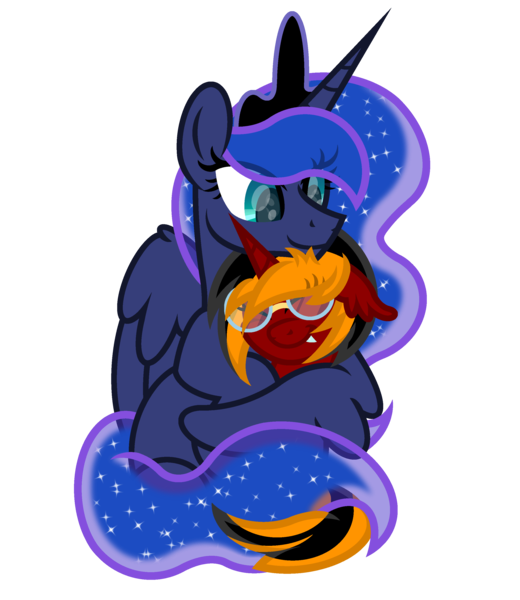 Size: 2600x3000 | Tagged: safe, artist:ponkus, derpibooru import, princess luna, oc, oc:red flame, alicorn, bat pony, pony, unicorn, cute, fangs, female, glasses, hug, image, mare, png, simple background, transparent background