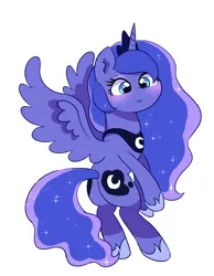 Size: 3110x4005 | Tagged: safe, artist:leo19969525, derpibooru import, princess luna, alicorn, pony, ass, blue eyes, blushing, butt, crown, cutie mark, female, horn, image, jewelry, jpeg, mane, mare, moonbutt, nudity, regalia, simple background, smiling, solo, spread wings, tail, white background, wings