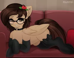 Size: 2268x1790 | Tagged: suggestive, artist:munrei, derpibooru import, oc, oc:choco frost, unofficial characters only, pegasus, pony, accessories, bow, brown eyes, choker, clothes, commission, couch, ear piercing, earring, female, flower, freckles, glasses, gloves, image, jewelry, lying, mare, pegasus oc, piercing, png, smiling, socks, solo, solo female, stockings, thigh highs, wings