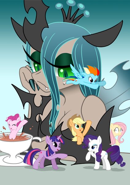 Size: 2891x4096 | Tagged: safe, artist:quasimodo1939, derpibooru import, applejack, fluttershy, pinkie pie, queen chrysalis, rainbow dash, rarity, twilight sparkle, earth pony, human, pegasus, pony, unicorn, applejack's hat, breasts, cleavage, clothes, cowboy hat, cup, drink, eyes closed, fangs, female, flying, gradient background, hat, horn, horned humanization, humanized, image, jpeg, lidded eyes, looking at someone, looking down, mane six, mare, plate, raised hoof, shrunken pupils, unicorn twilight, winged humanization, wings