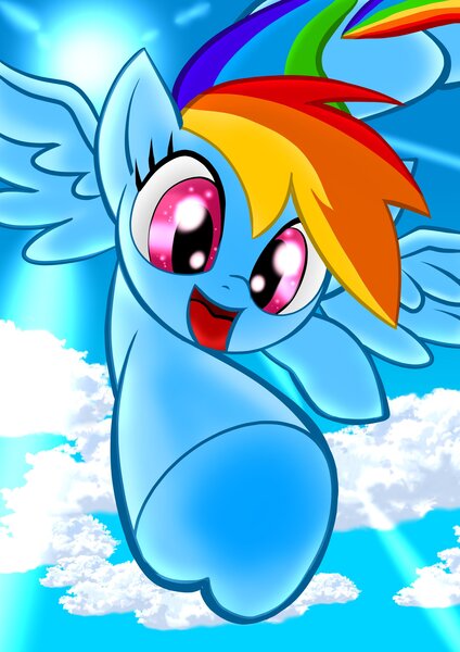 Size: 2894x4093 | Tagged: safe, artist:quasimodo1939, derpibooru import, rainbow dash, pegasus, pony, cloud, female, flying, image, jpeg, mare, open mouth, sky, solo, sparkly eyes, spread wings, sun, underhoof, wingding eyes, wings