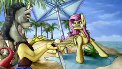 Size: 4000x2250 | Tagged: safe, artist:vendigo, derpibooru import, discord, fluttershy, draconequus, pegasus, pony, beach, beach towel, beach umbrella, duo, duo male and female, female, food, gritted teeth, image, knife, male, mare, out of character, palm tree, png, snarling, teeth, towel, tree, umbrella, watermelon