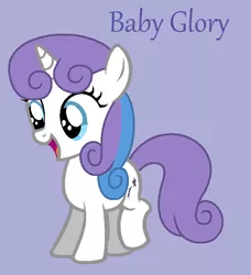 Size: 676x741 | Tagged: safe, artist:jigglewiggleinthepigglywiggle, derpibooru import, baby glory, pony, unicorn, baby, baby glorybetes, baby pony, blue eyes, curly hair, curly mane, curly tail, cute, female, filly, foal, full body, g1, g1 to g4, g4, generation leap, hooves, image, lavender background, multicolored hair, multicolored mane, open mouth, open smile, png, purple tail, purple text, simple background, smiling, solo, standing, tail, text