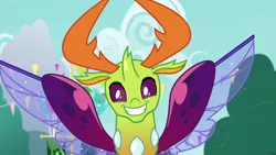 Size: 1280x720 | Tagged: safe, derpibooru import, screencap, thorax, changedling, changeling, season 7, triple threat, cute, image, king thorax, looking at you, male, png, smiling, solo, spread wings, thorabetes, wings