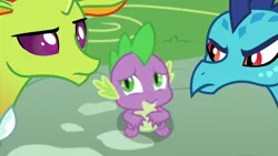 Size: 1280x720 | Tagged: safe, derpibooru import, screencap, princess ember, spike, thorax, changedling, changeling, dragon, season 7, triple threat, dragoness, female, image, king thorax, looking at you, male, png, trio