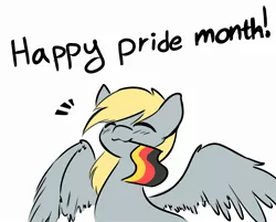 Size: 2500x2006 | Tagged: safe, artist:adamscage, derpibooru import, derpy hooves, pegasus, pony, :3, blushing, eyes closed, female, flag, germany, happy, image, jpeg, mare, mouth hold, pride month, simple background, smiling, solo, spread wings, white background, wings