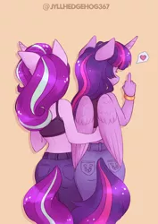 Size: 1000x1414 | Tagged: suggestive, artist:jyllhedgehog367, derpibooru import, starlight glimmer, twilight sparkle, twilight sparkle (alicorn), alicorn, anthro, unicorn, arm around back, back of head, butt, clothes, denim, duo, duo female, female, girlfriend, heart, image, jeans, lesbian, middle finger, pants, png, rear view, shipping, twistarlight, vulgar