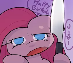 Size: 740x640 | Tagged: safe, artist:batipin, derpibooru import, pinkie pie, earth pony, pony, image, jpeg, knife, open mouth, pinkamena diane pie