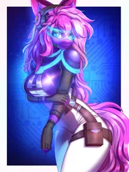 Size: 1500x2000 | Tagged: safe, artist:ask-colorsound, derpibooru import, oc, oc:lillybit, unofficial characters only, anthro, adorkable, bow, clothes, cosplay, costume, cute, dork, gaming headset, glitch techs, headphones, headset, image, jumpsuit, png, ribbon