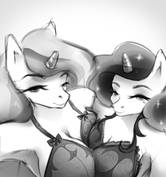 Size: 1200x1280 | Tagged: suggestive, artist:blueomlette, derpibooru import, princess celestia, princess luna, alicorn, anthro, black and white, black bra, bra, breast squish, breasts, clothes, grayscale, image, jpeg, lidded eyes, looking at you, monochrome, underwear