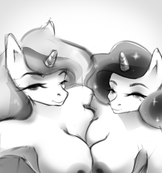 Size: 1200x1280 | Tagged: questionable, artist:blueomlette, derpibooru import, princess celestia, princess luna, alicorn, anthro, black and white, breast squish, breasts, cleavage, grayscale, image, jpeg, lidded eyes, looking at you, monochrome, nipples, nudity, smiling