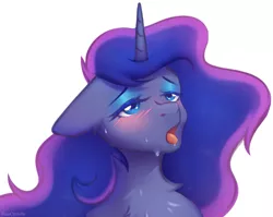 Size: 1249x992 | Tagged: suggestive, artist:blueomlette, derpibooru import, princess luna, alicorn, pony, blushing, bust, floppy ears, image, lidded eyes, open mouth, png, solo, sweat, tongue out