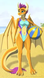 Size: 720x1280 | Tagged: safe, artist:leopon276, derpibooru import, smolder, anthro, digitigrade anthro, dragon, bare shoulders, barefoot, beach, beach ball, belly button, clothes, dragoness, feet, female, hips, image, midriff, one-piece swimsuit, png, swimsuit, thighs, toned, toned female, wings