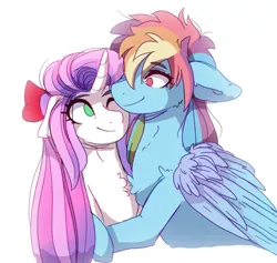 Size: 714x676 | Tagged: source needed, safe, artist:aaa-its-spook, derpibooru import, rainbow dash, sweetie belle, pegasus, pony, unicorn, bow, chest fluff, duo, female, hair bow, hug, image, lesbian, looking at each other, looking at someone, mare, no pupils, older, older sweetie belle, one eye closed, png, shipping, simple background, smiling, sweetiedash, white background
