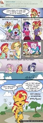 Size: 750x2100 | Tagged: safe, artist:burning-heart-brony, derpibooru import, applejack, fluttershy, rainbow dash, rarity, sci-twi, sunset shimmer, twilight sparkle, pony, unicorn, equestria girls, 2016, ask, comic, female, image, mare, png, self paradox, self ponidox, skydiving, speech bubble