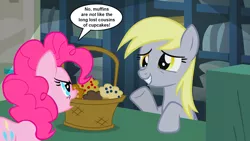 Size: 1128x635 | Tagged: safe, artist:silverbuller, derpibooru import, edit, edited screencap, screencap, derpy hooves, pinkie pie, slice of life (episode), basket, comic, food, image, jpeg, muffin, screencap comic, speech bubble