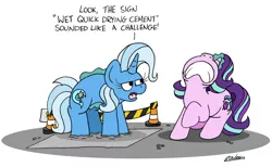 Size: 1024x632 | Tagged: safe, artist:bobthedalek, derpibooru import, starlight glimmer, trixie, pony, unicorn, atg 2022, cement, duo, female, glow, glowing horn, horn, image, inconvenient trixie, jpeg, magic, mare, newbie artist training grounds, straining, stuck, telekinesis, this will end in pain, this will not end well, too dumb to live, traffic cone