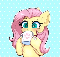 Size: 3111x3000 | Tagged: safe, artist:confetticakez, derpibooru import, fluttershy, pegasus, pony, abstract background, blushing, chest fluff, cup, drinking, female, food, image, mare, mug, png, solo, sparkly eyes, tea, wingding eyes