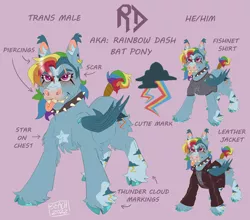 Size: 1280x1127 | Tagged: safe, artist:beached-boy, rainbow dash, bat pony, pony, chest fluff, clothes, cloven hooves, coat markings, collar, colored hooves, cutie mark, ear fluff, ear piercing, ear tufts, earring, facial markings, fishnet clothing, image, jacket, jewelry, jpeg, kinsona, leather jacket, male, piercing, scar, shoulder fluff, solo, spiked collar, stallion, text, tongue out, tongue piercing, tumblr nose, twitterina design, unshorn fetlocks