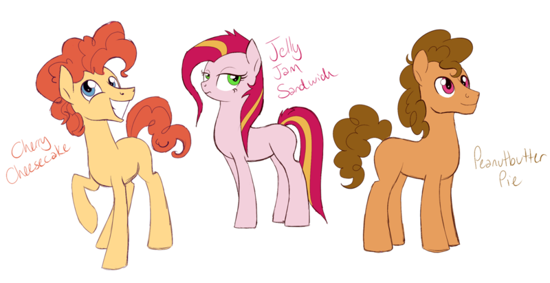 Size: 2303x1182 | Tagged: safe, artist:alicemaple, derpibooru import, edit, oc, oc:cherry cheesecake, oc:jelly jam sandwich, oc:peanutbutter pie, unofficial characters only, earth pony, pony, brother and sister, cropped, female, frown, grin, image, male, mare, offspring, parent:cheese sandwich, parent:pinkie pie, parents:cheesepie, png, siblings, simple background, smiling, stallion, transparent background, trio