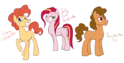 Size: 2303x1182 | Tagged: safe, artist:alicemaple, derpibooru import, edit, oc, oc:cherry cheesecake, oc:jelly jam sandwich, oc:peanutbutter pie, unofficial characters only, earth pony, pony, brother and sister, cropped, female, frown, grin, image, male, mare, offspring, parent:cheese sandwich, parent:pinkie pie, parents:cheesepie, png, siblings, simple background, smiling, stallion, transparent background, trio