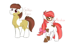 Size: 1798x1132 | Tagged: safe, artist:alicemaple, derpibooru import, edit, oc, oc:golden pippin, oc:meridien, unofficial characters only, earth pony, pony, bow, brother and sister, coat markings, cropped, duo, female, hair bow, image, male, mare, offspring, parent:apple bloom, parent:pipsqueak, parents:pipbloom, pinto, png, siblings, simple background, socks (coat marking), stallion, transparent background