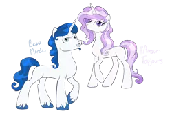 Size: 1852x1266 | Tagged: safe, artist:alicemaple, derpibooru import, edit, oc, oc:beau monde, oc:l'amours toujours, unofficial characters only, pony, unicorn, brother and sister, cropped, duo, facial hair, female, goatee, image, male, moustache, offspring, parent:fancypants, parent:fleur-de-lis, parents:fancyfleur, png, siblings, simple background, solo, transparent background, unshorn fetlocks