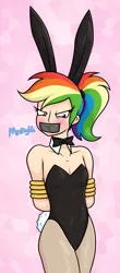 Size: 766x1734 | Tagged: suggestive, artist:moonatik, derpibooru import, rainbow dash, human, abstract background, angry, arm behind back, blushing, bondage, bowtie, bunny ears, bunny suit, bunny tail, clothes, dashsub, female, femsub, gag, hands behind back, humanized, image, muffled words, playboy bunny, playboy bunny rainbow dash, png, ponytail, rope, rope bondage, solo, struggling, submissive, tail, tape, tape gag, tights