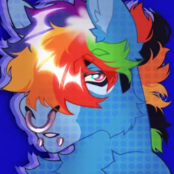 Size: 1280x1280 | Tagged: safe, artist:oregava, rainbow dash, pegasus, pony, alternate design, blue background, bust, cheek fluff, chest fluff, ear fluff, eyebrows visible through hair, facial markings, icon, image, jpeg, looking at you, male, nose piercing, nose ring, piercing, portrait, rule 63, simple background, solo, twitterina design