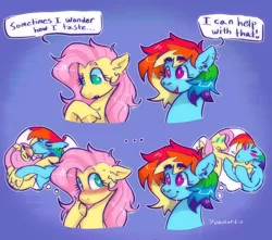 Size: 3954x3500 | Tagged: safe, artist:yumkandie, derpibooru import, fluttershy, rainbow dash, pegasus, pony, ..., biting, blushing, drool, ear piercing, earring, female, flutterdash, freckles, image, imagine spot, jewelry, kissing, lesbian, looking at each other, looking at someone, meme, nose piercing, piercing, png, shipping, thought bubble, wingding eyes