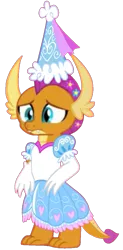 Size: 525x1064 | Tagged: safe, artist:darlycatmake, derpibooru import, edit, vector edit, smolder, dragon, clothes, concerned, confused, dragoness, dress, female, flower, flower in hair, froufrou glittery lacy outfit, gloves, hat, hennin, image, long gloves, png, princess, princess smolder, sad, upset, vector, wat, what have you done?!, worried