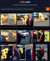 Size: 760x931 | Tagged: safe, derpibooru import, machine learning generated, applejack, earth pony, human, pony, car, donald trump, fight, image, irl, metal as fuck, parking lot, photo, png, walmart