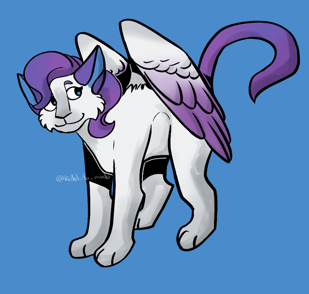 Size: 1044x992 | Tagged: safe, artist:koteltomaslo, derpibooru import, rarity, cat, blue background, catified, female, image, png, raricat, simple background, species swap, winged cat