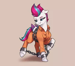 Size: 3600x3200 | Tagged: safe, artist:aquaticvibes, derpibooru import, zipp storm, pegasus, pony, bound wings, chained, chains, clothes, commission, cuffs, g5, image, never doubt rainbowdash69's involvement, png, prison outfit, prisoner, shackles, solo, wings