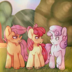 Size: 1275x1274 | Tagged: safe, artist:saltytangerine, derpibooru import, apple bloom, scootaloo, sweetie belle, earth pony, pegasus, unicorn, the return of harmony, anime, cutie mark crusaders, fake screencap, group, image, jpeg, redraw, screencap reference