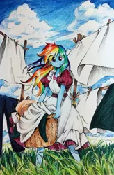 Size: 1908x2902 | Tagged: safe, artist:liaaqila, derpibooru import, rainbow dash, basket, clothes, clothes line, grass, image, jpeg, solo, traditional art, wind, windswept hair